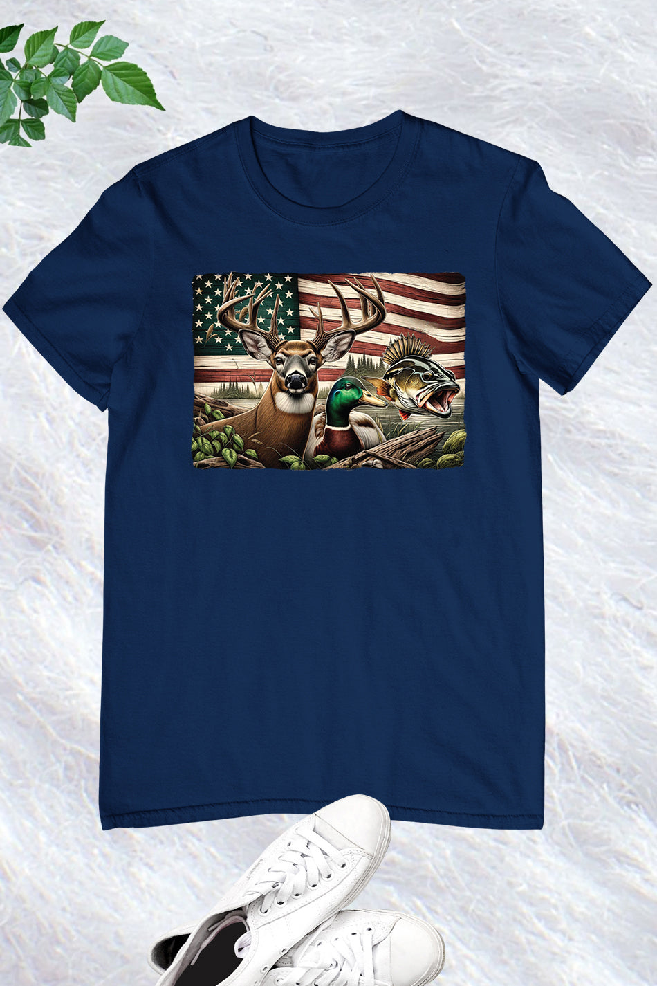 Camo Deer Hunting Duck Bass Fish USA Flag T Shirt