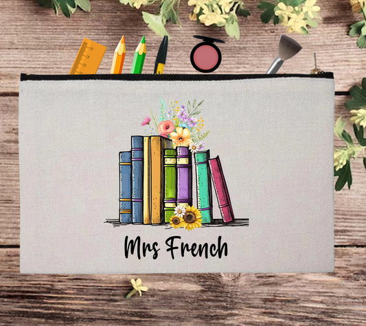 Floral Books Lover Custom Teacher Appreciation Pouch Bag Pencil Case