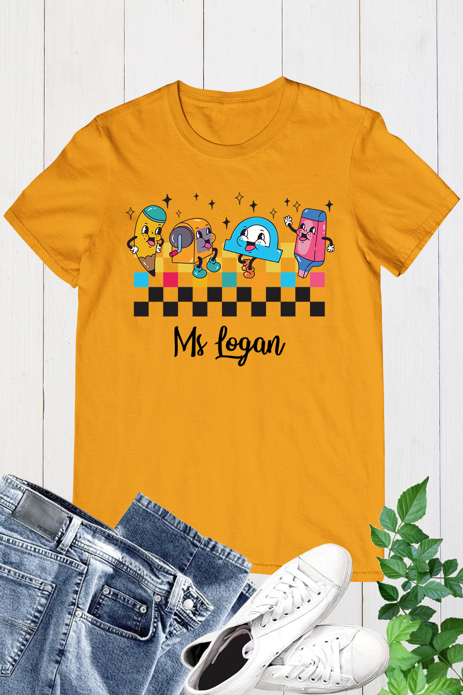 Personalised Teacher Shirt With name and Crayon  Character