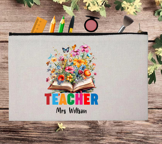 Floral Books Lover Custom Teacher Appreciation Pouch Bag Pencil Case