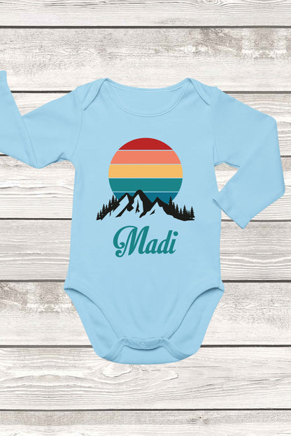 Personalized Baby Bodysuit Mountain and Sunset Hiking Outfit