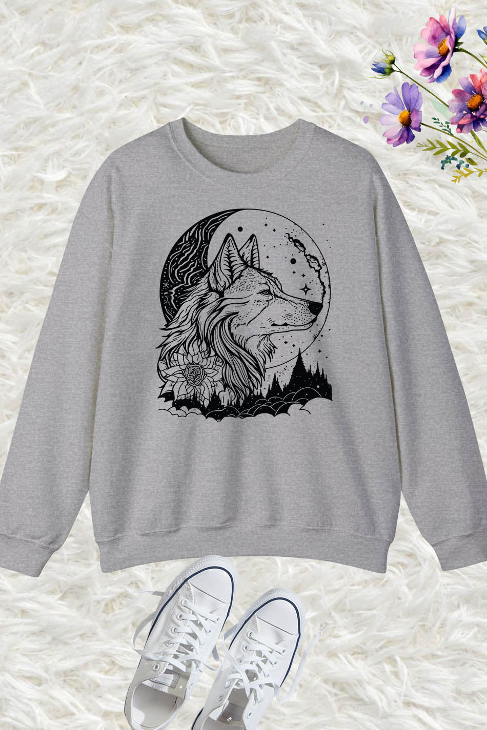 Wolf Face with Full Moon and Flower Sweatshirt