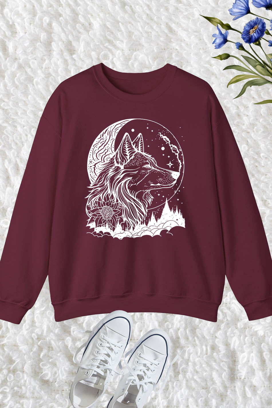 Wolf Face with Full Moon and Flower Sweatshirt