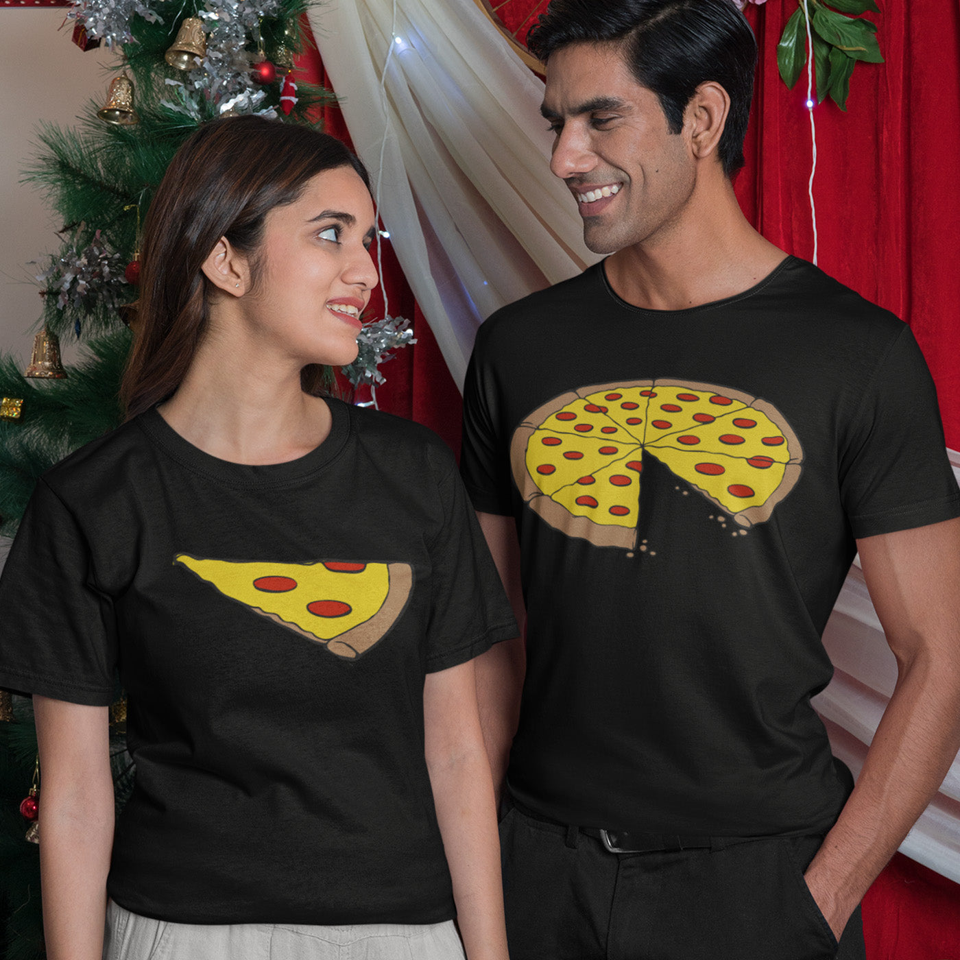 Pizza Slice Couple Valentine's Day Black T Shirt
