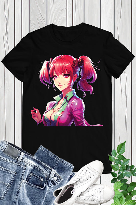Anime Girl with Red Hair and Pink Lipstick Shirt