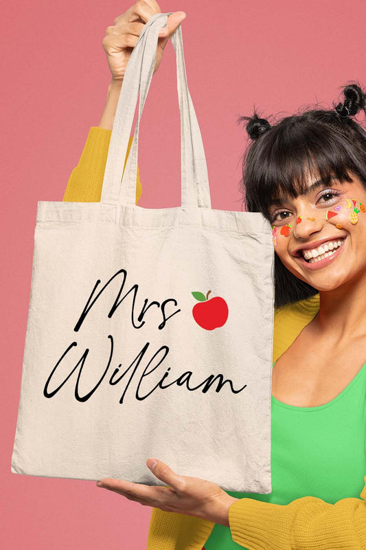 Personalized Teacher Name Tote Bag Apple