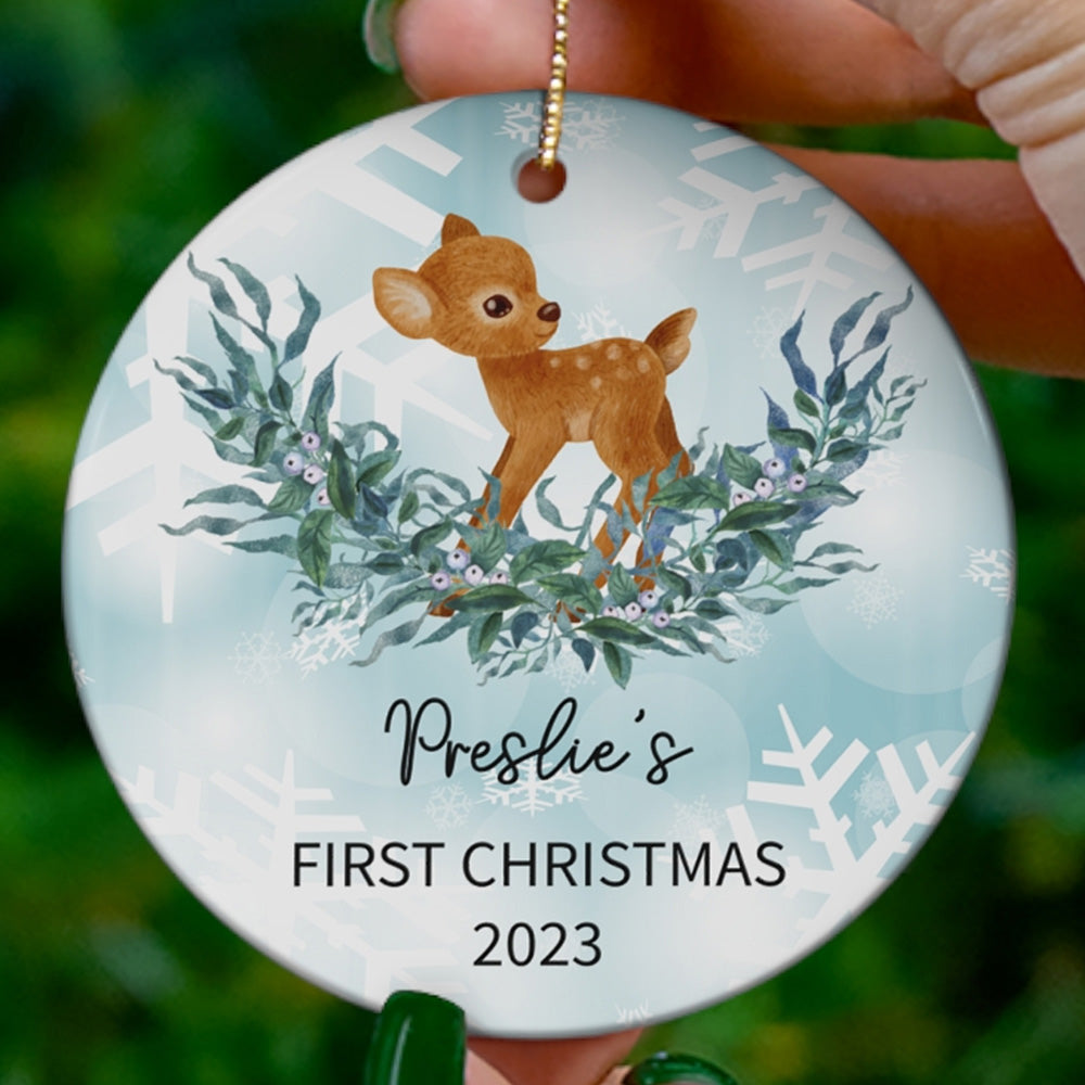Personalized Baby Deer Christmas First Christmas Bible Verse Ornament