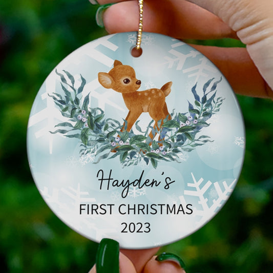 Personalized Baby Deer Christmas First Christmas Bible Verse Ornament