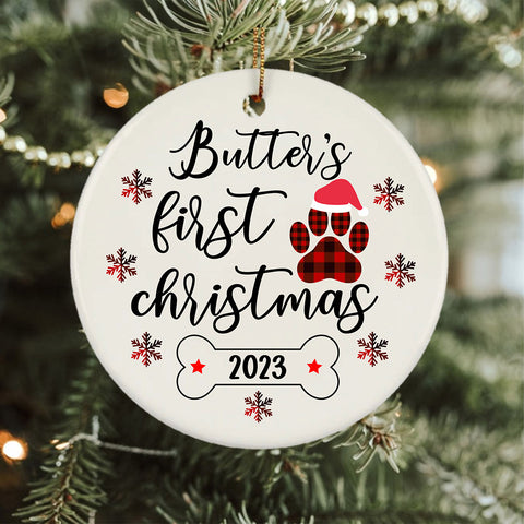 Personalized Dog Pawprint Here Is My First Christmas Dog Ornament
