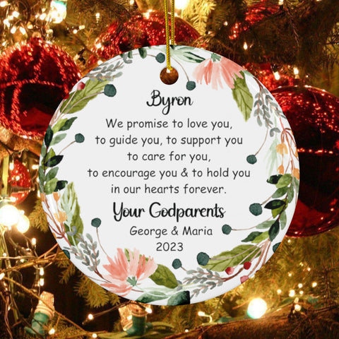 Personalized Godparents Ornament -Christening Baptism Ornament Keepsake in Green Floral Wreath