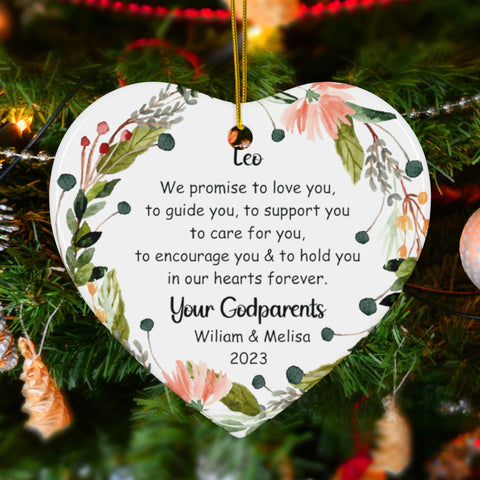 Personalized Godparents Ornament -Christening Baptism Ornament Keepsake in Green Floral Wreath