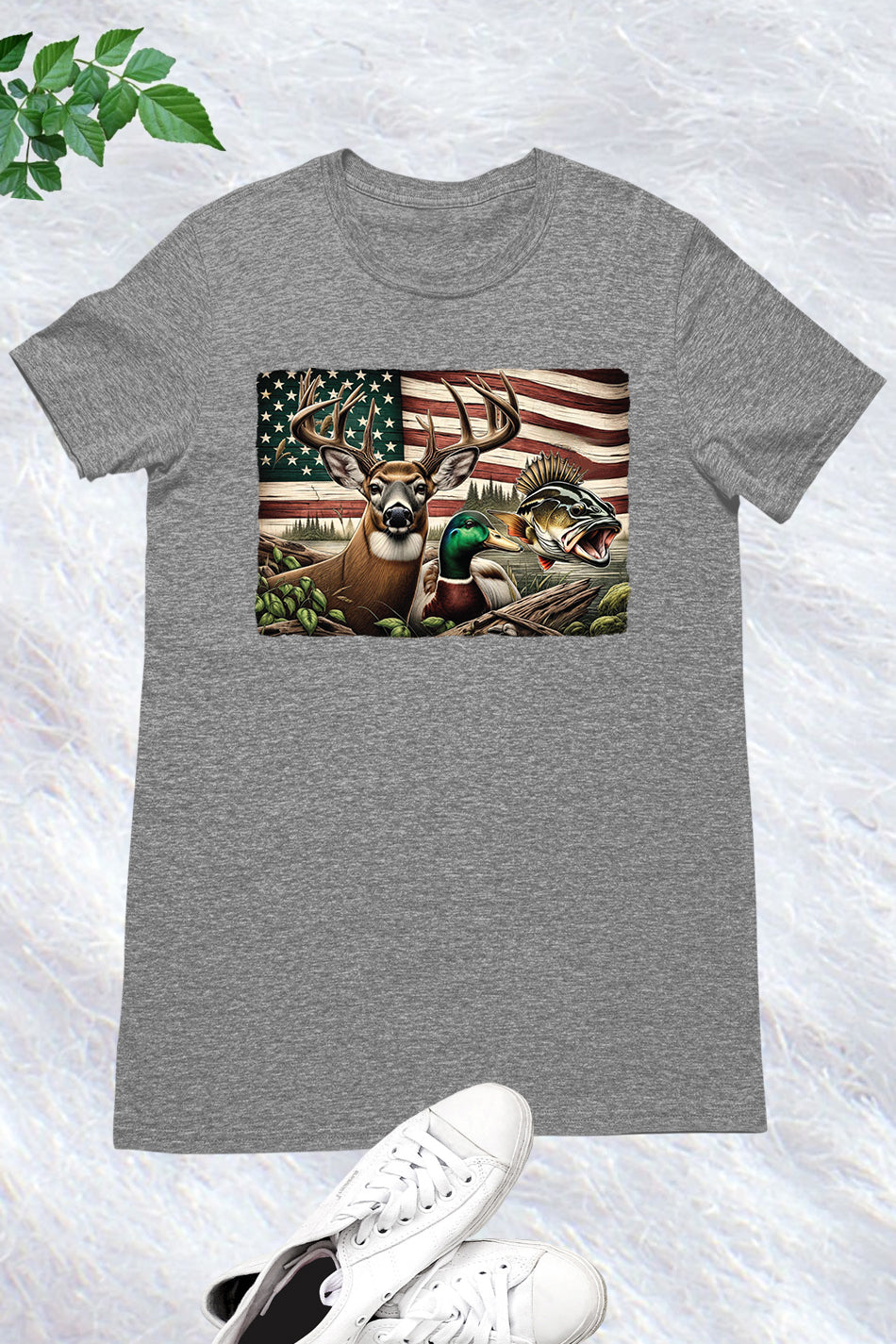 Camo Deer Hunting Duck Bass Fish USA Flag T Shirt