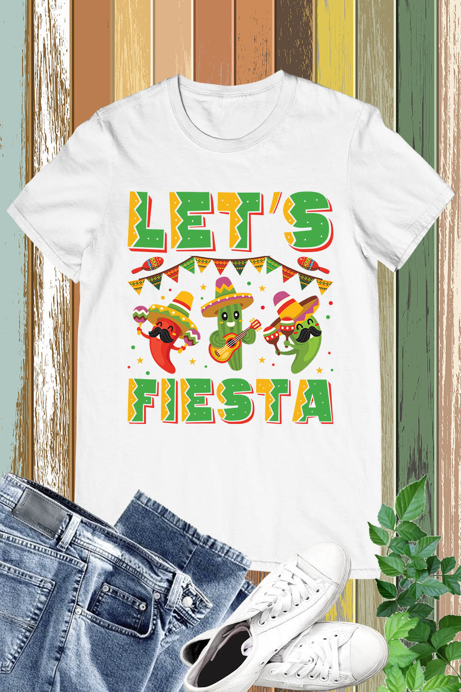 Lets Fiesta Cinco De Mayo with Guitar Cactus Sombrero Maraca T-Shirt
