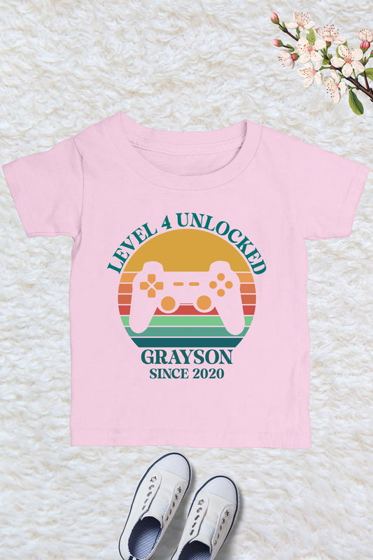 Personalized level 4 Unlocked Kids Birthday T Shirt
