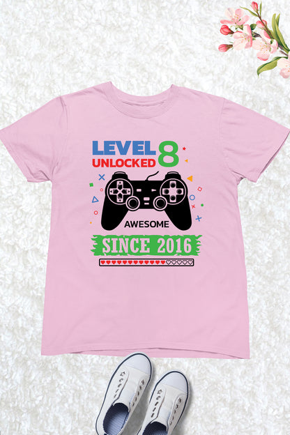 Level 8 Unlocked Awesome Since 2016 Kids Birthday Gamer Shirt