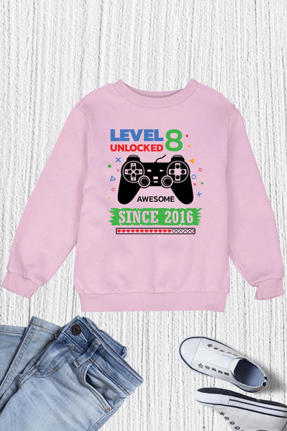 Level 8 Unlocked Awesome Since 2016 Kids Birthday Gamer Sweatshirt