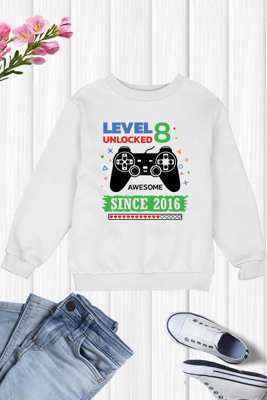 Level 8 Unlocked Awesome Since 2016 Kids Birthday Gamer Sweatshirt