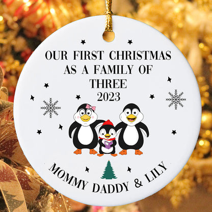 Personalized Penguin First Christmas 2023 Mommy Daddy & Lily Ornament