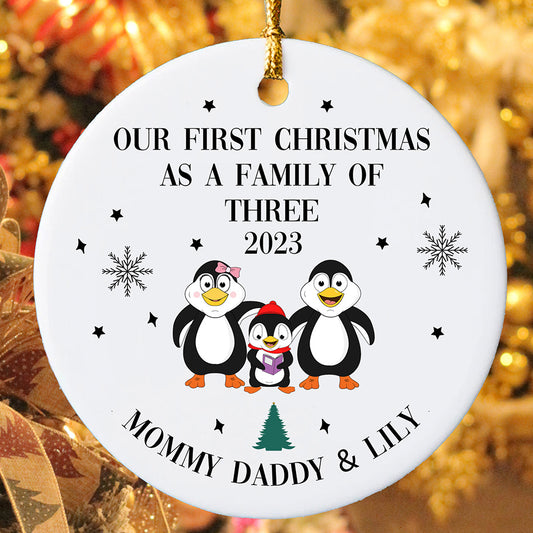 Personalized Penguin First Christmas 2023 Mommy Daddy & Lily Ornament