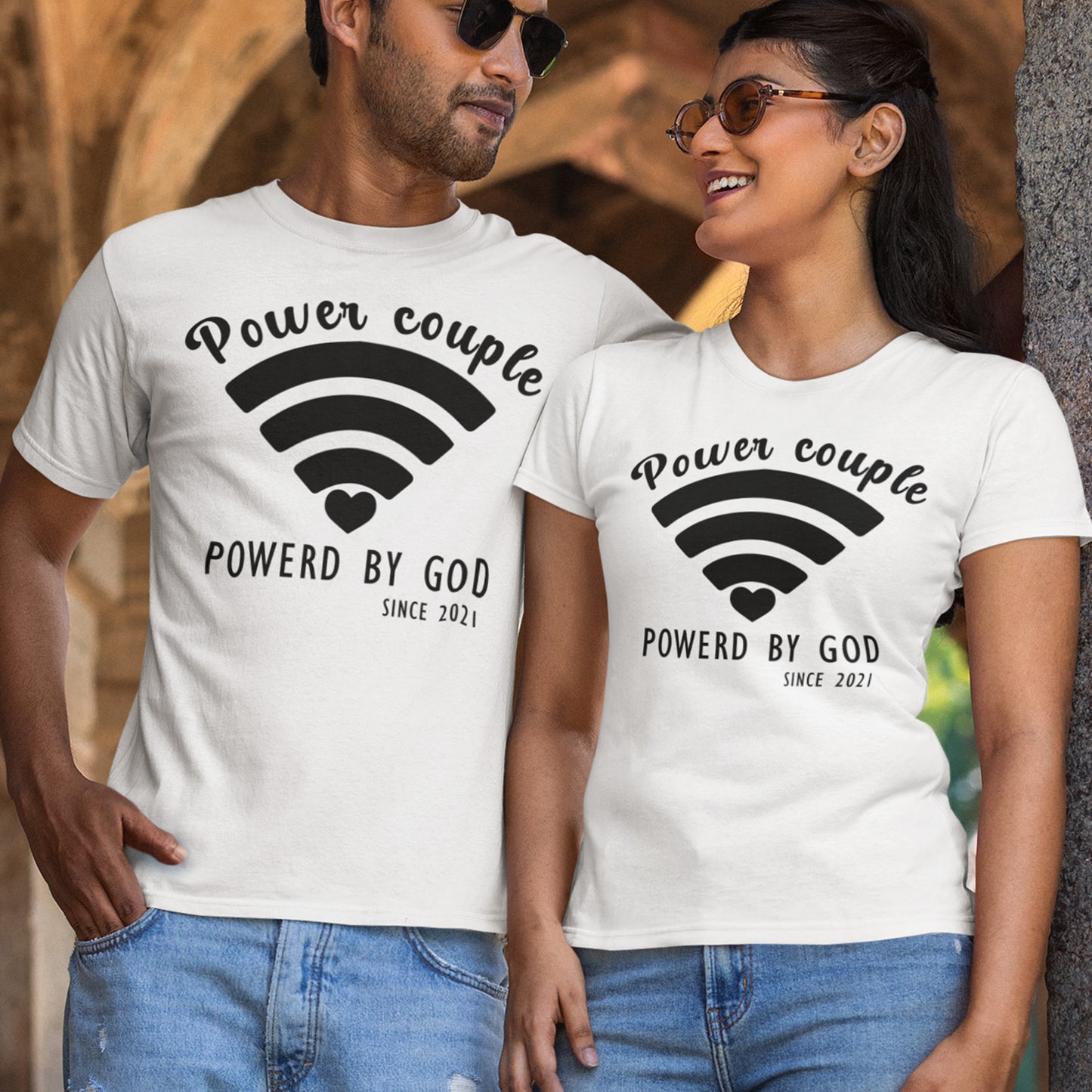 Power Couple T-Shirts Powred By God Valentines Day Gift