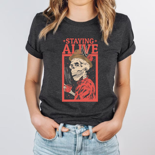 Staying Alive Coffee Lovers Funny Skeleton Custom Skull Mans T-Shirt