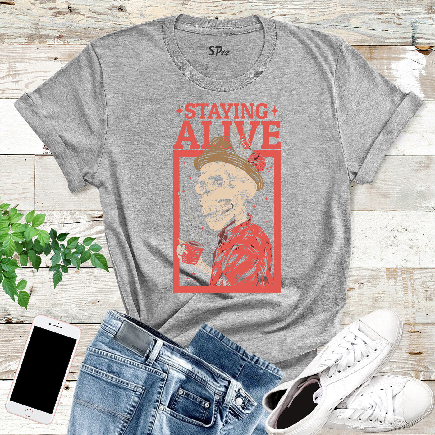Staying Alive Coffee Lovers Funny Skeleton Custom Skull Mans T-Shirt