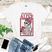 Staying Alive Coffee Lovers Funny Skeleton Custom Skull Womens T-Shirt
