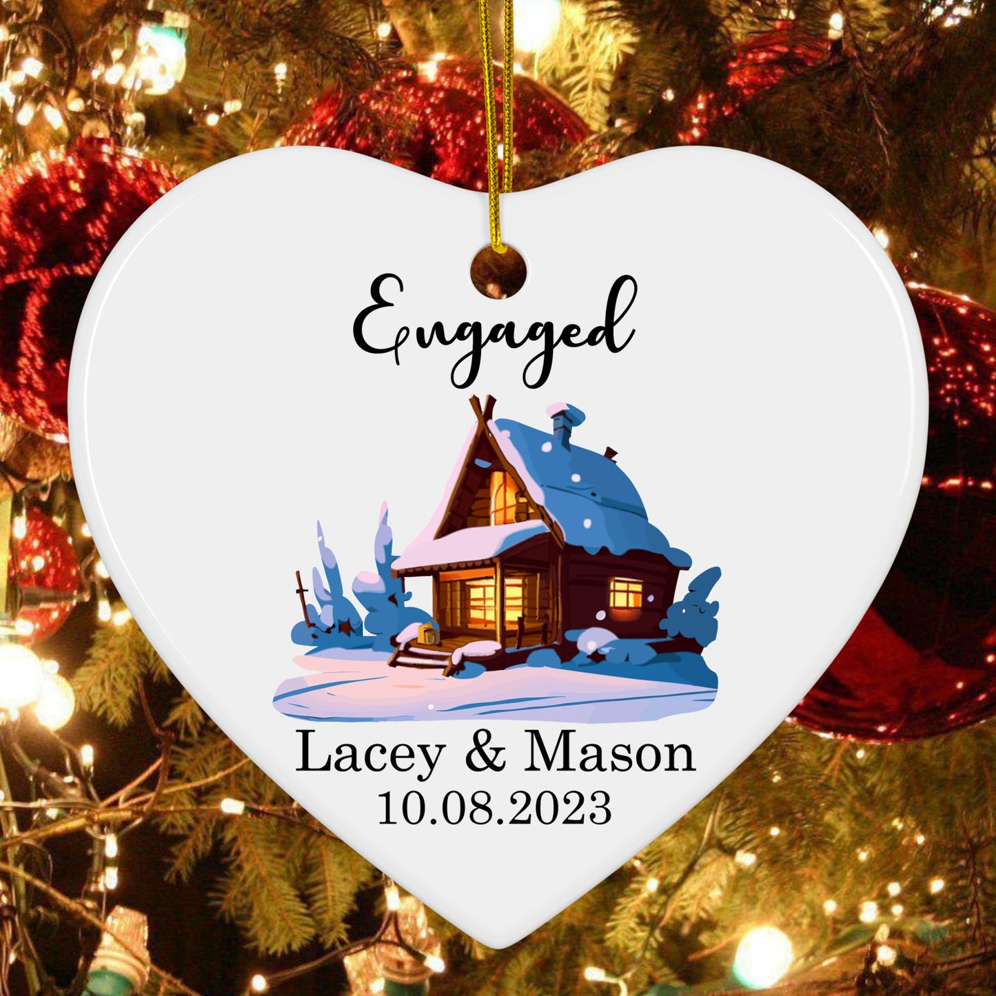 Engaged Christmas Ornament - Personalized First Christmas Engagement Ceramic Keepsake