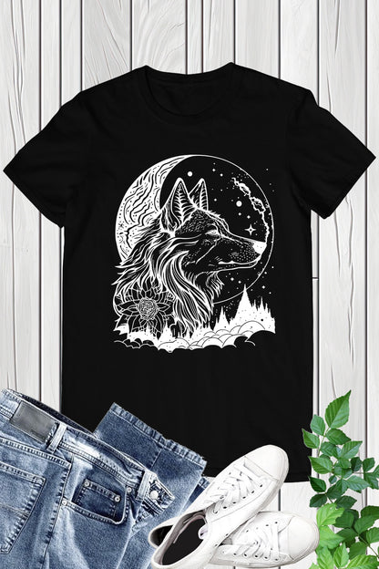 Wolf Face with Full Moon and Flower Shirt