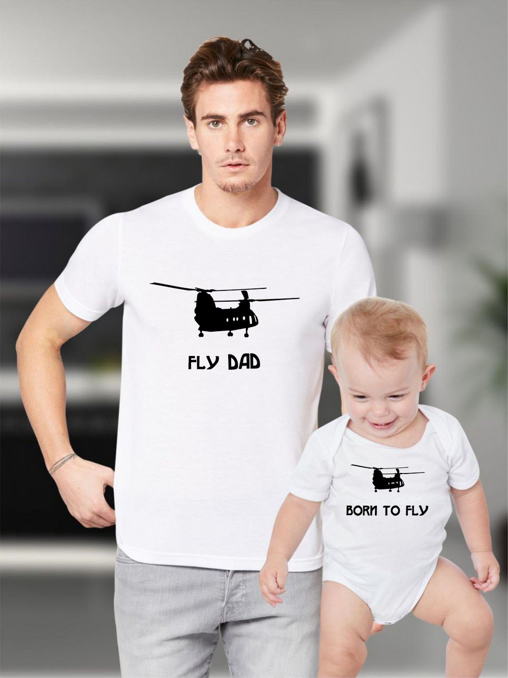 Father Daddy Daughter Dad Son Matching T shirts Helicopter Born To Fly Dad