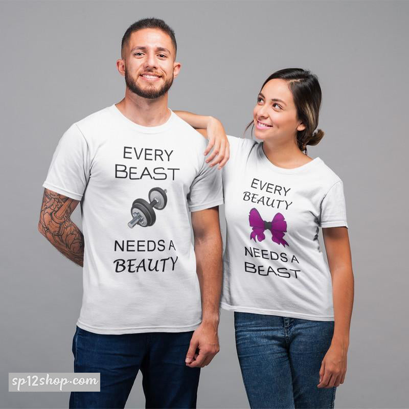 Couples Matching T Shirts Every Beast And Beauty Dumbbell Pink Bow