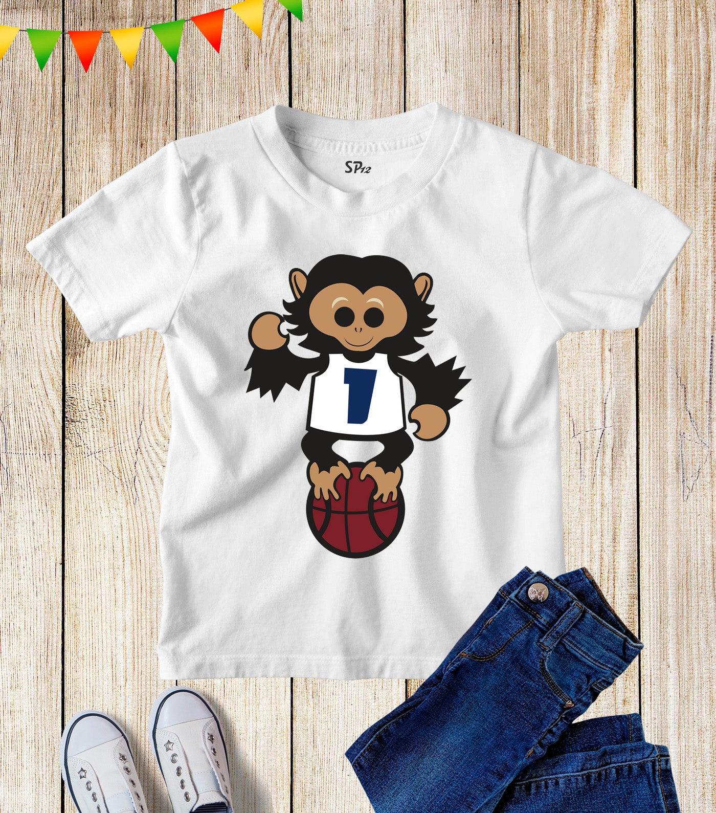Kids Basketball Number 1 Monkey One Birthday T Shirt
