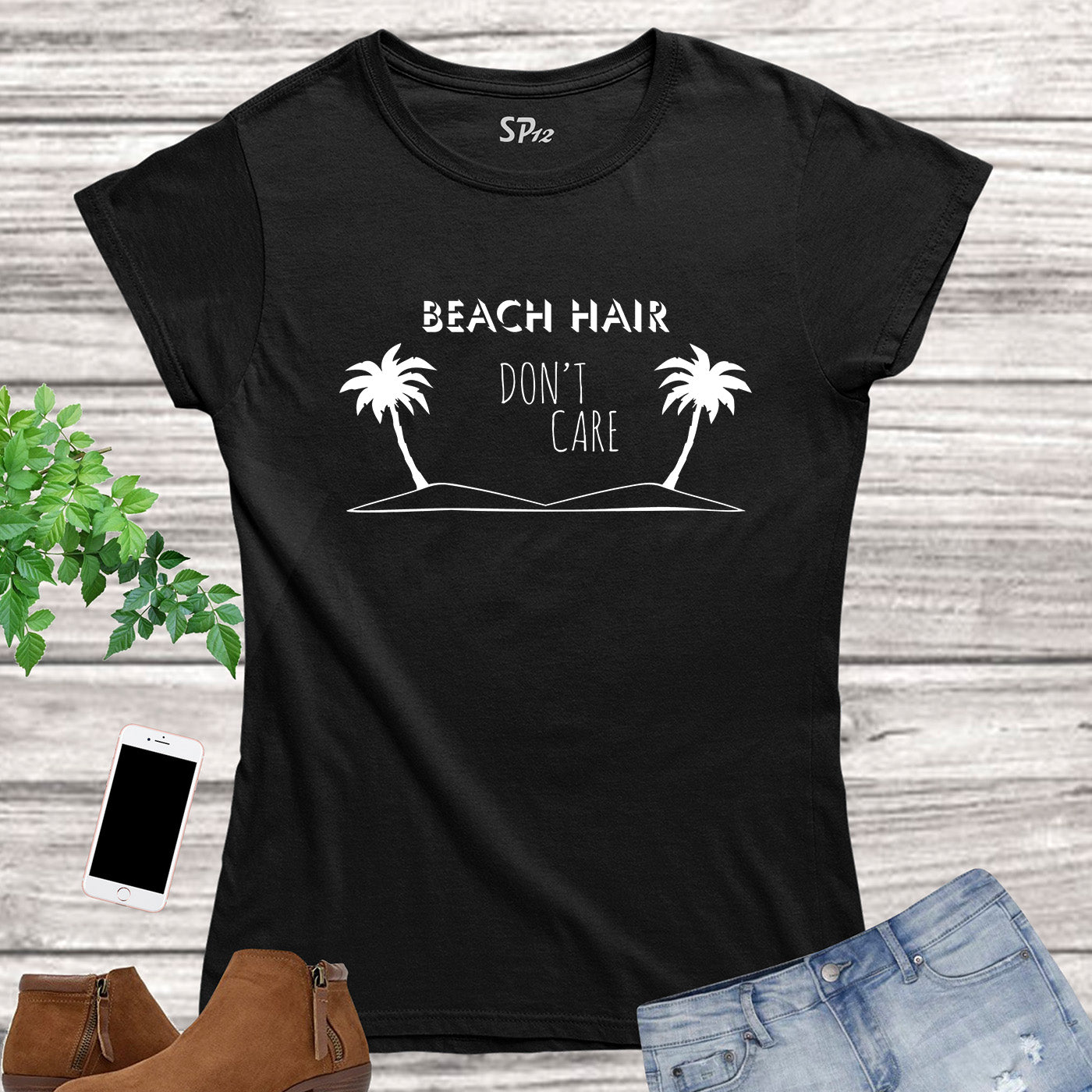 Beach Hair Don't Care Palm Slogan Women T Shirt