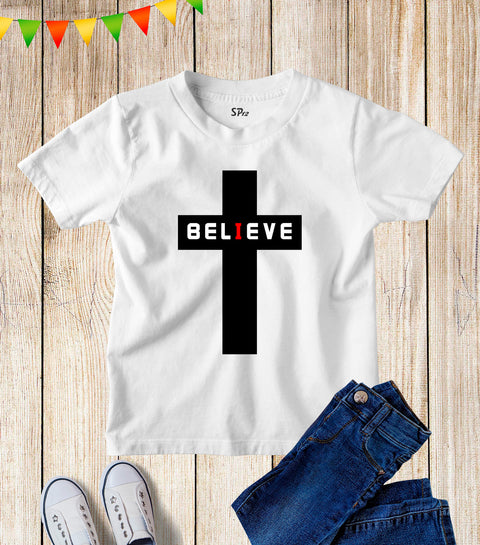 Kids Christian T Shirt Believe Jesus Christ Cross