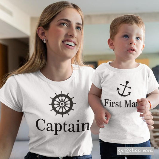Captain First Mate Ship Steering Wheel Daughter Mum Son Matching T shirt