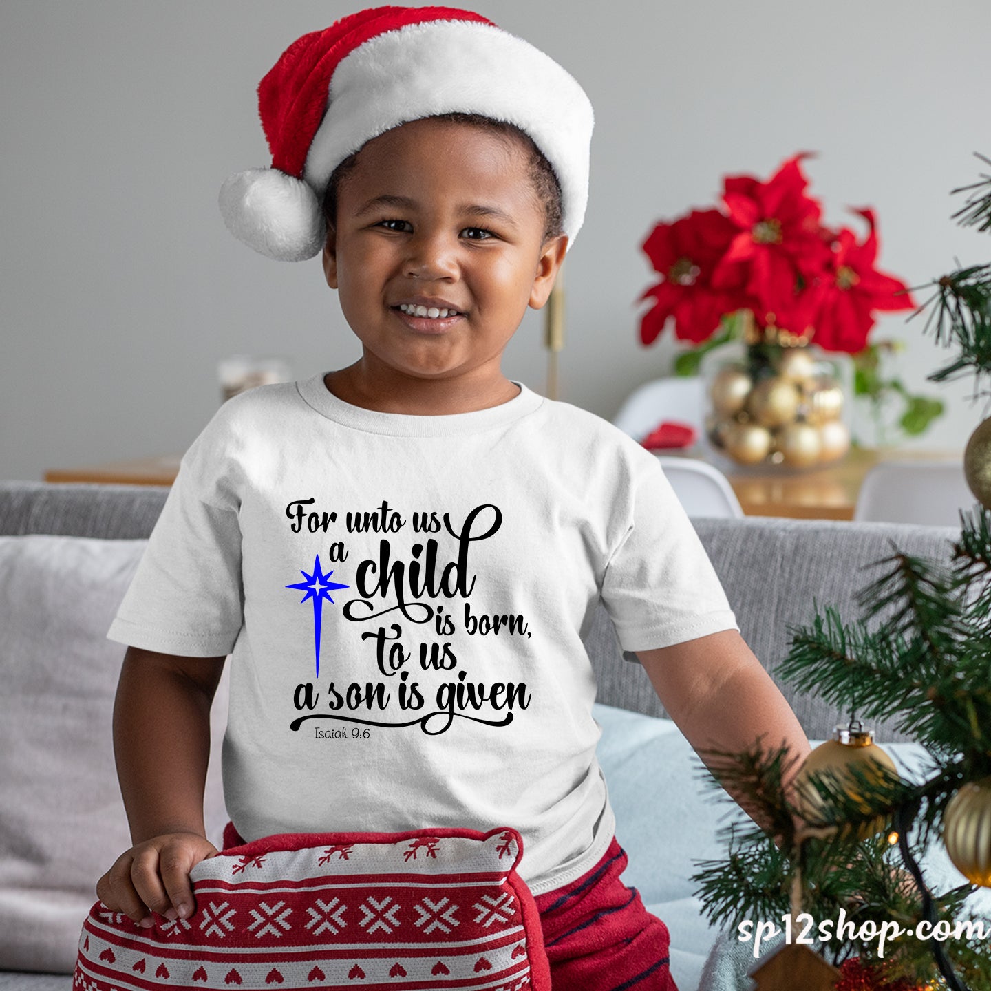 Child Is Born to us Christmas Bible Verse Kids t Shirt