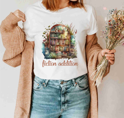 Fiction Addition Book Shelf Reading Funny Bookworm Teachers T-Shirt