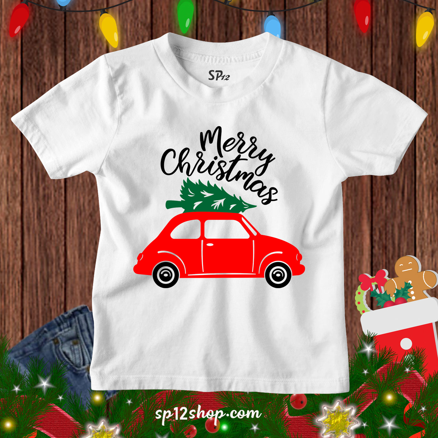 Funny Gift Kids T Shirt Merry Christmas Red Car Tree