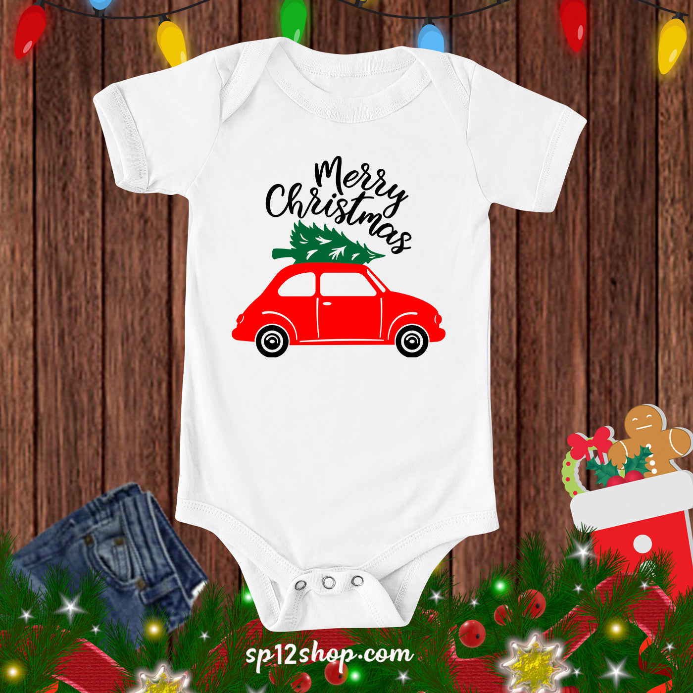 Merry Christmas Red Car Tree Baby Bodysuit