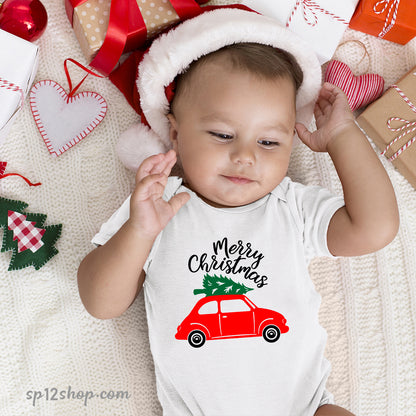 Merry Christmas Red Car Tree Baby Bodysuit