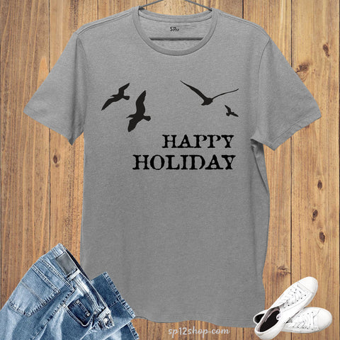 Graphic Funny T shirt Happy Holiday Flying Seagulls Beach