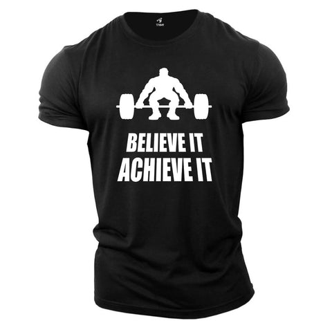 Gym Fitness Crossfit T shirt Believe It Achieve It Barbells