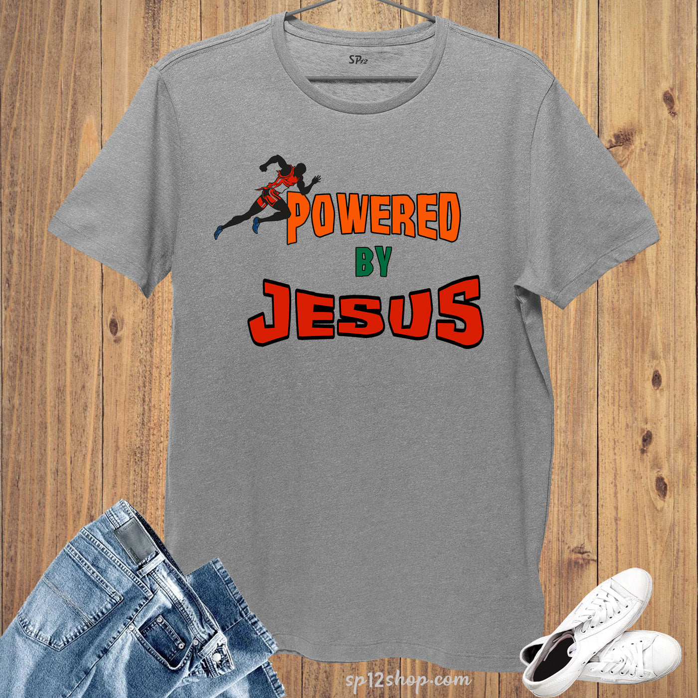 Gym Fitness Crossfit T shirt Powered By Jesus Sports Run tshirt tee