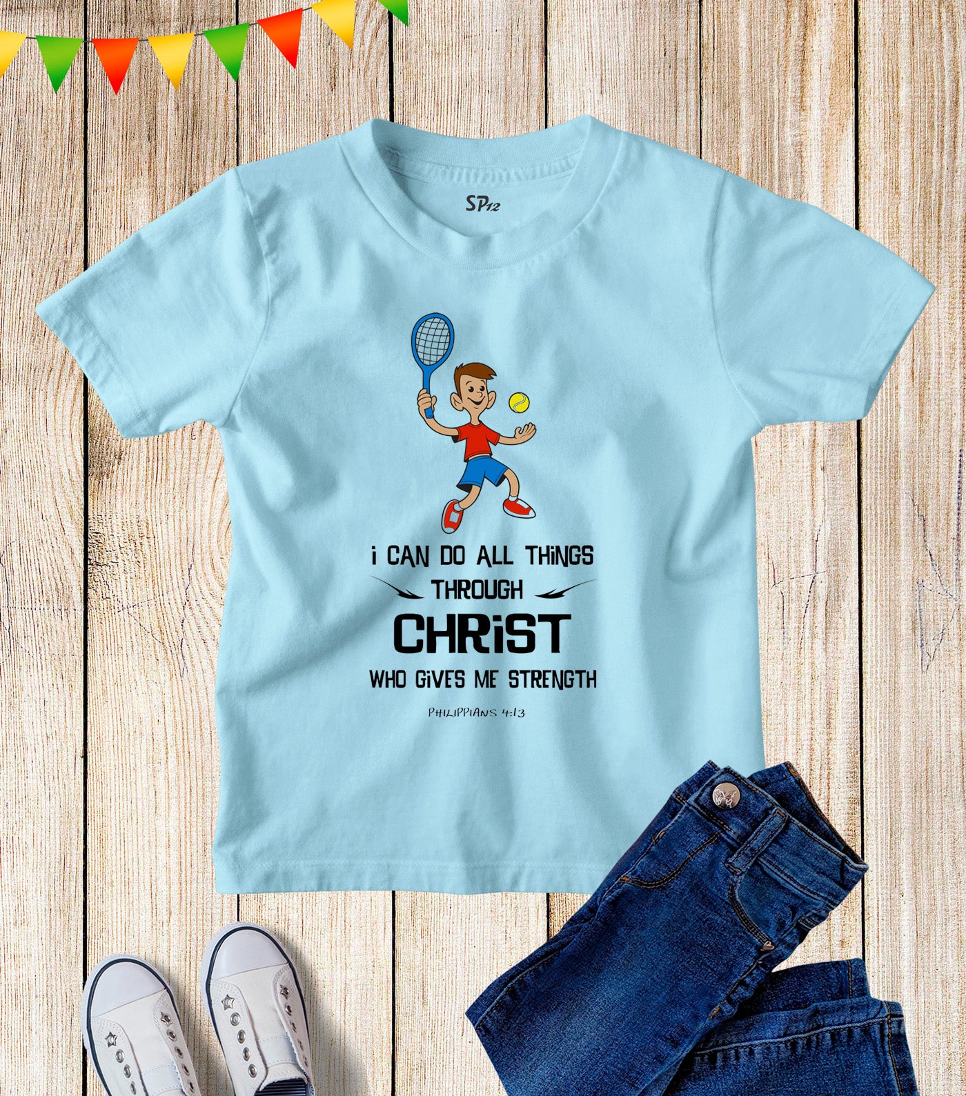 Kids Christ Strength Christian Tennis Player T Shirt