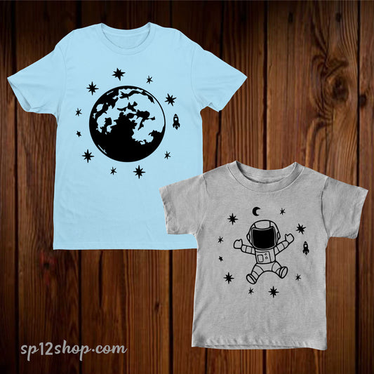 Moon and Astronaut Dad Kids And Baby Matching T Shirt