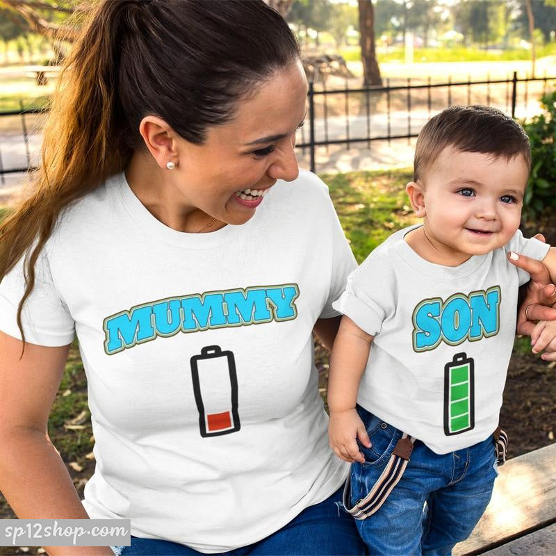 Mummy Son Full Of Battery Need Recharge Funny Slogan Family Matching T shirt