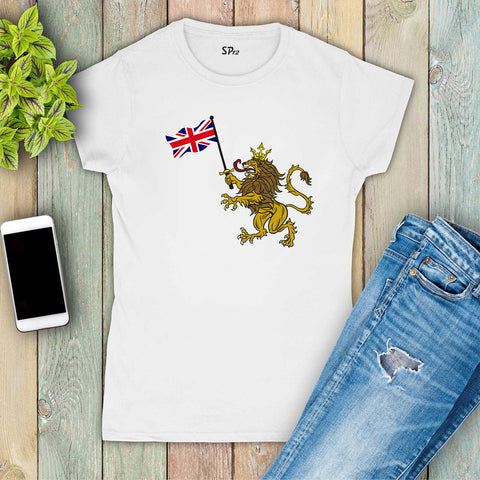 Patriot T Shirt Women Union Flag Gold Lion British UK