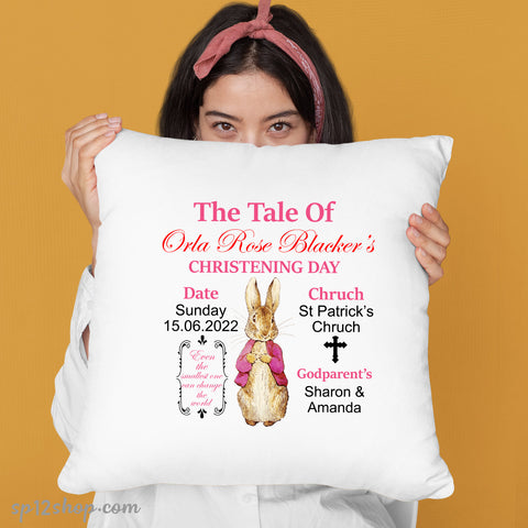 Peter Rabbit Baby Girls Personalised Christening Cushion Cover