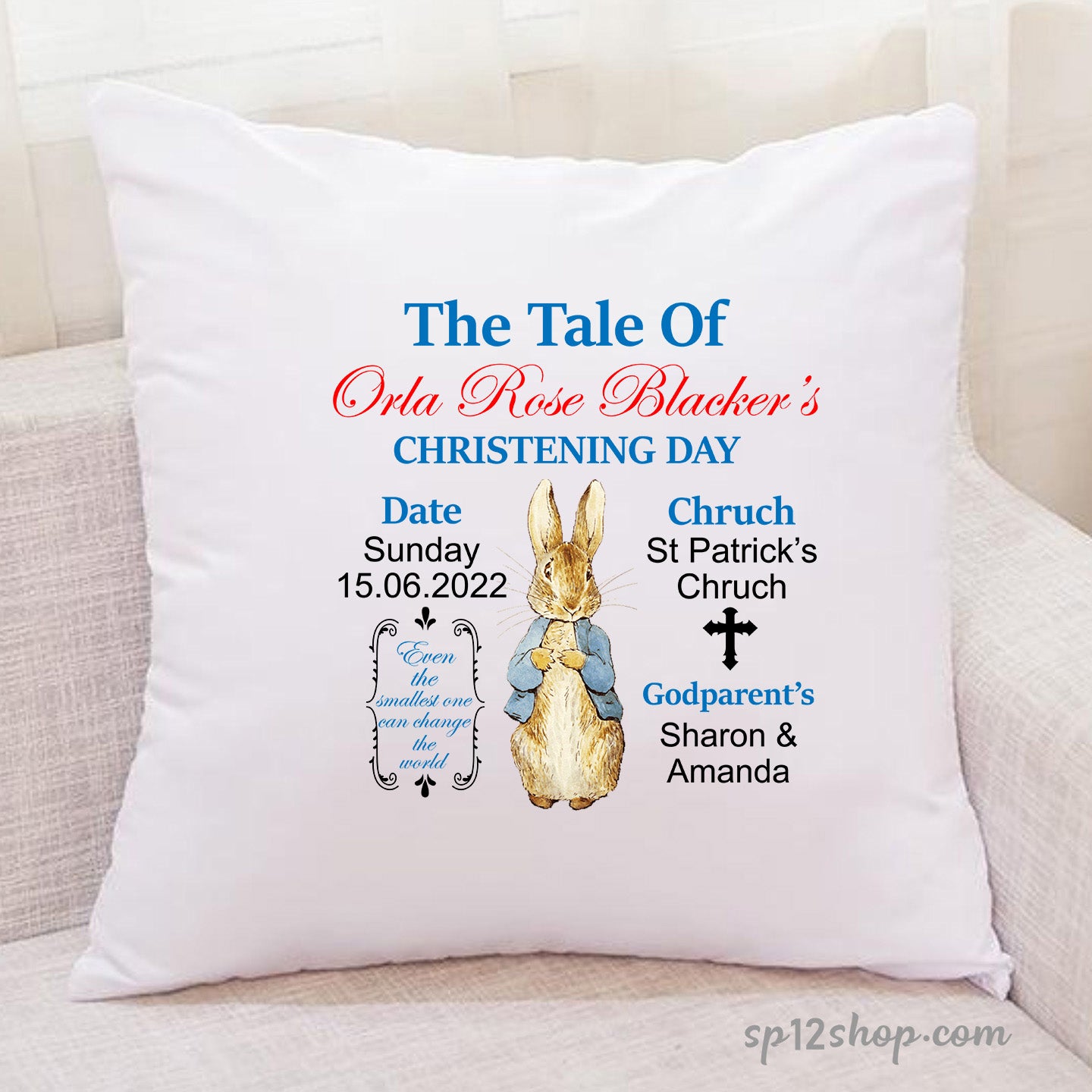 Peter Rabbit Baby Boys Personalised Christening Cushion Cover