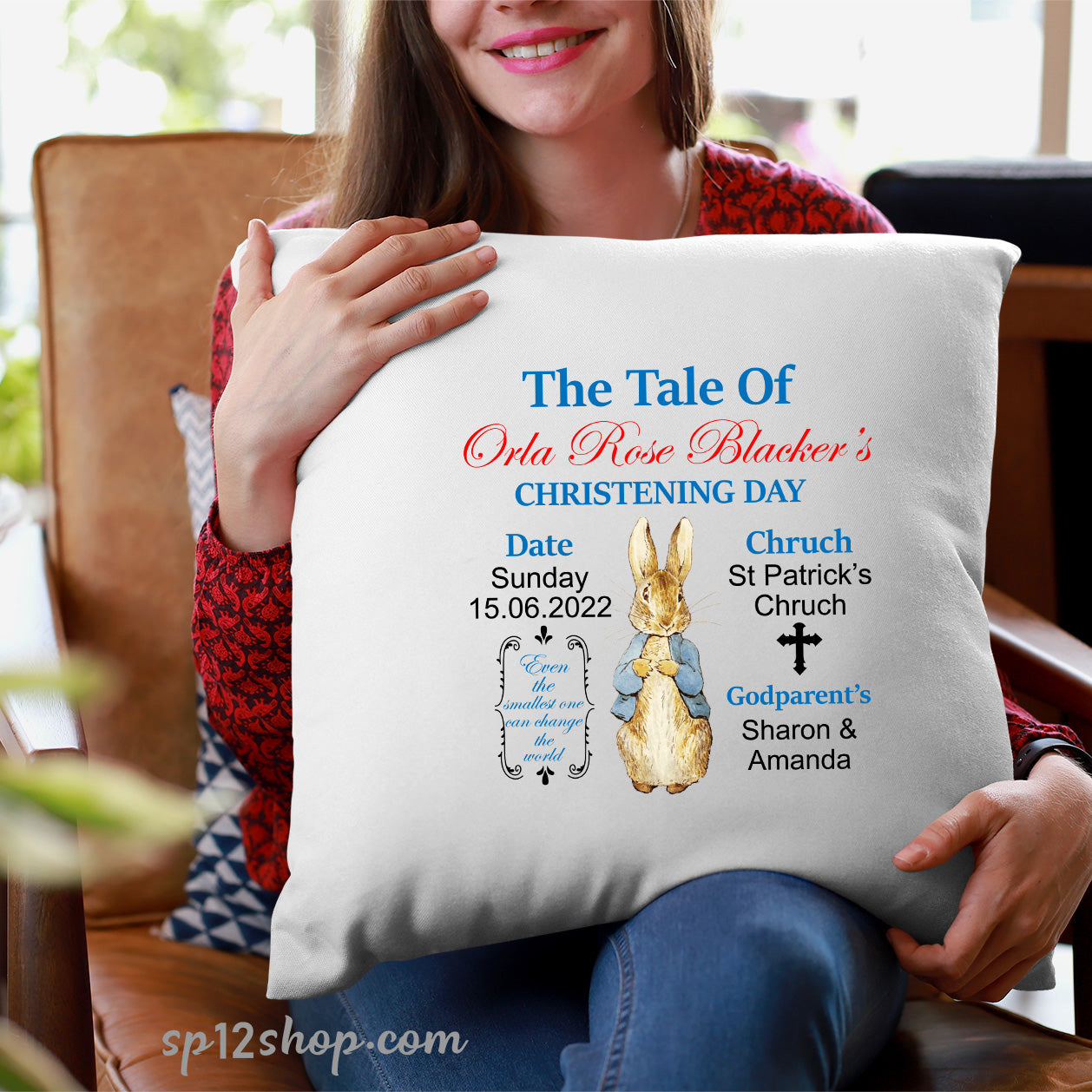 Peter Rabbit Baby Boys Personalised Christening Cushion Cover